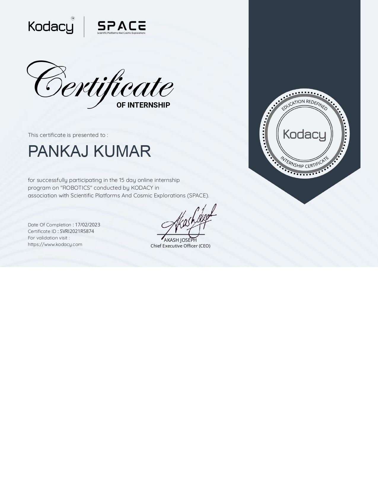 Robotics Internship Certificate